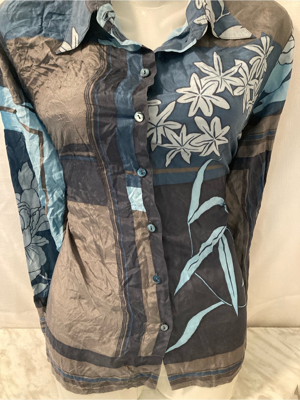 Devernois 100% Silk Blue Floral Button Up Blouse FR 44 (XL)